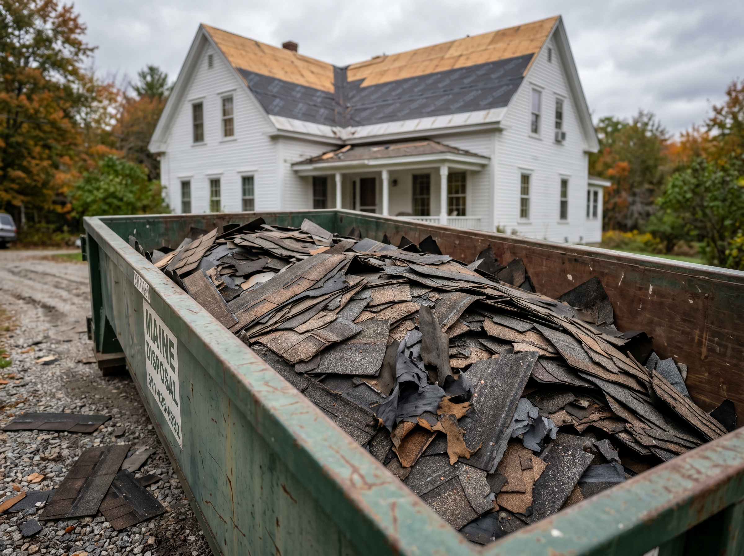 Old asphalt shingles in a disposal dumpster during a Maine roof tear-off