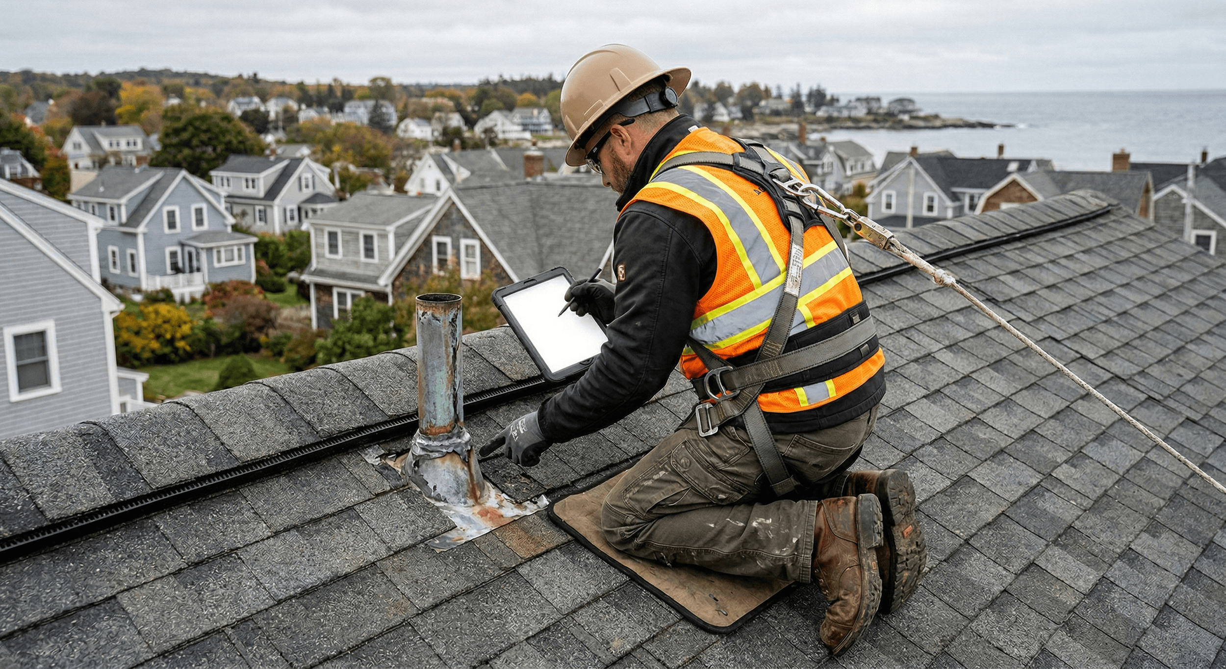 Professional roof inspection on a Maine residential property