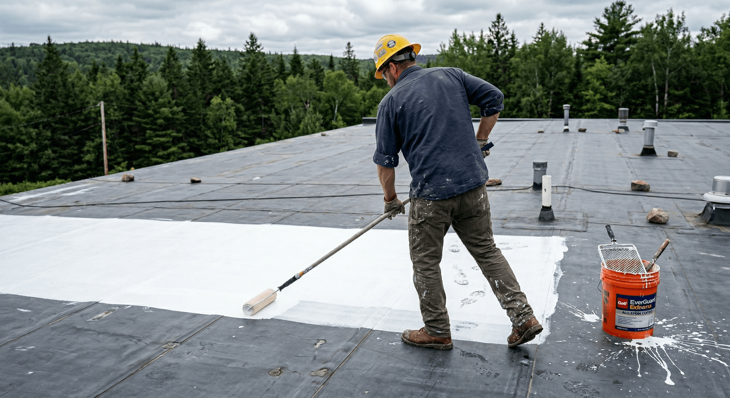 White reflective roof coating being applied to a Maine commercial flat roof