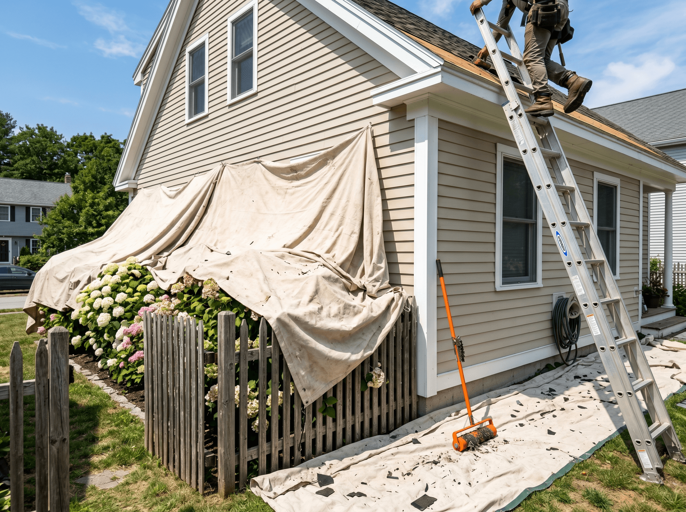 Clean job site during a roof replacement with tarps protecting landscaping on a Maine home