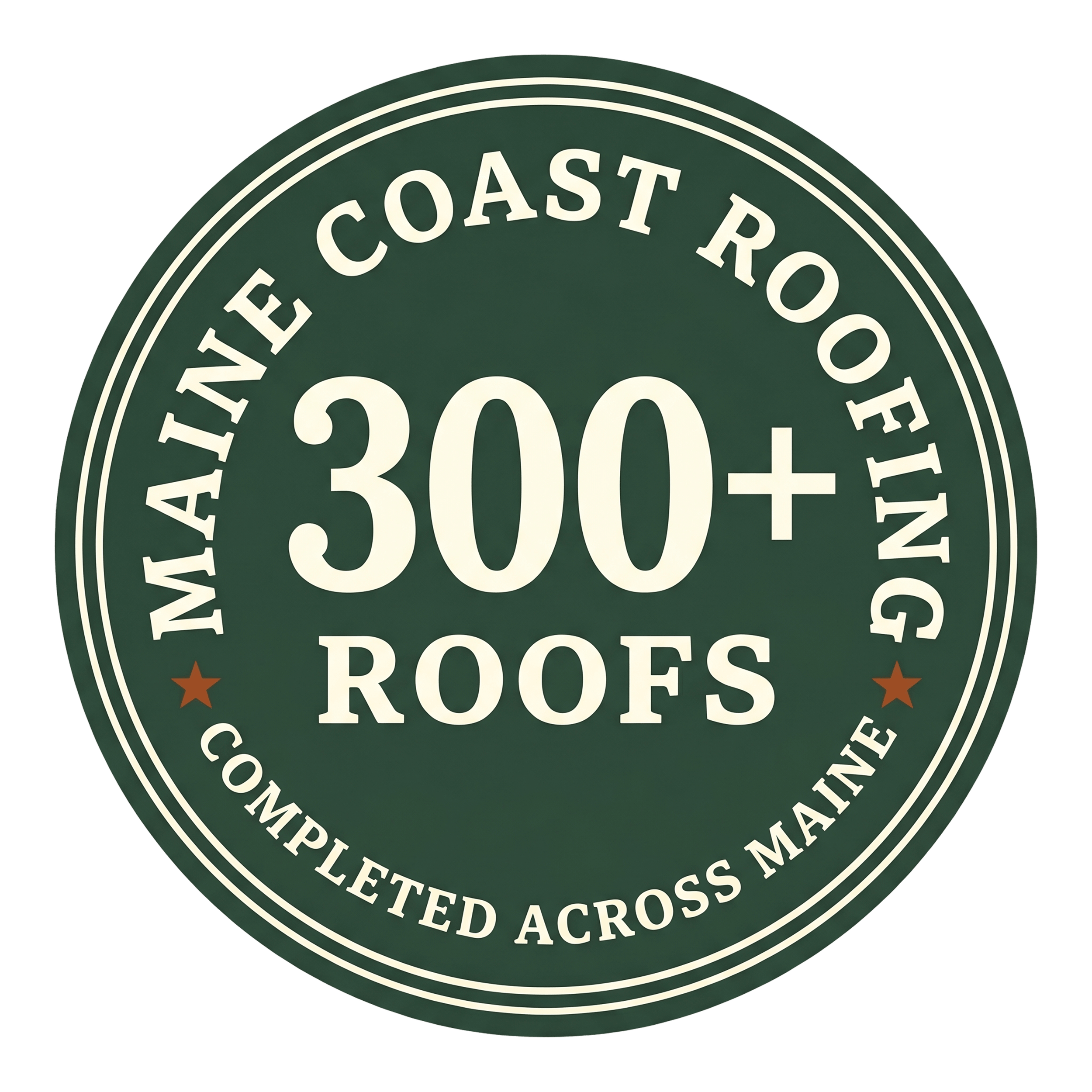 A badge depicting 300+ roofs completed across Maine