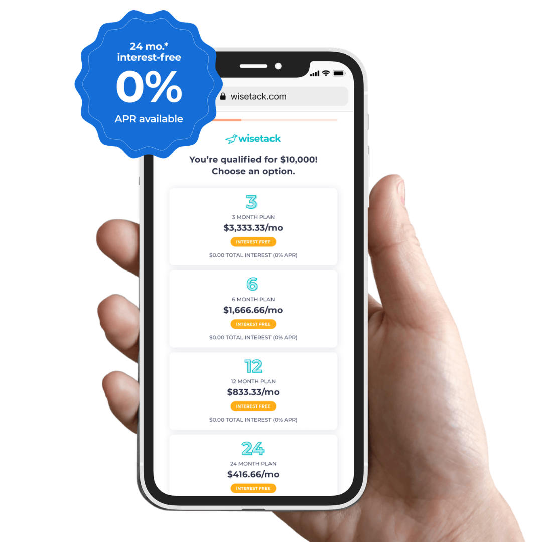 A phone with a wisetack financing example approval with a 0$ financing badge