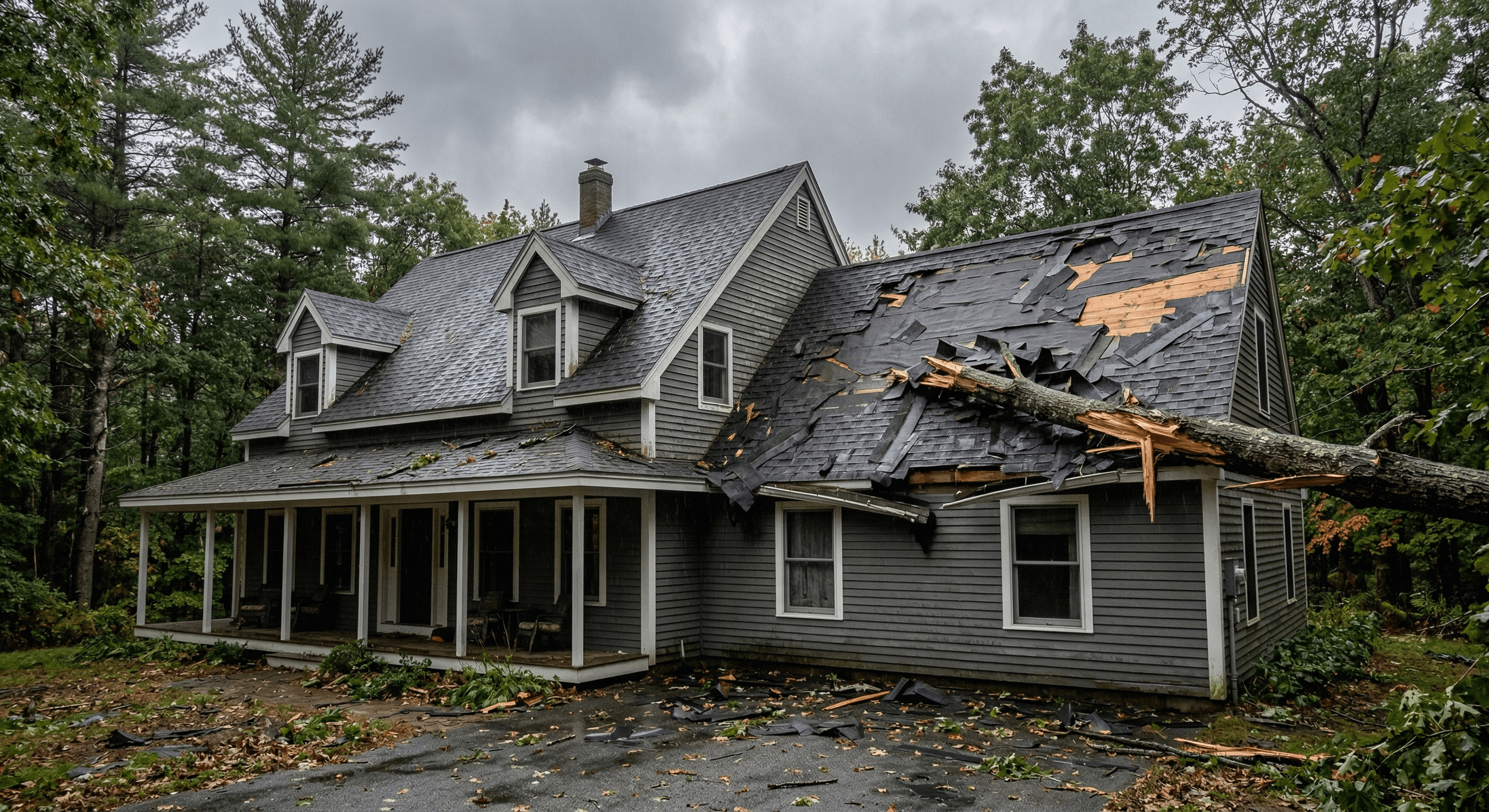 Storm-damaged roof with missing shingles on a Maine home after a nor'easter