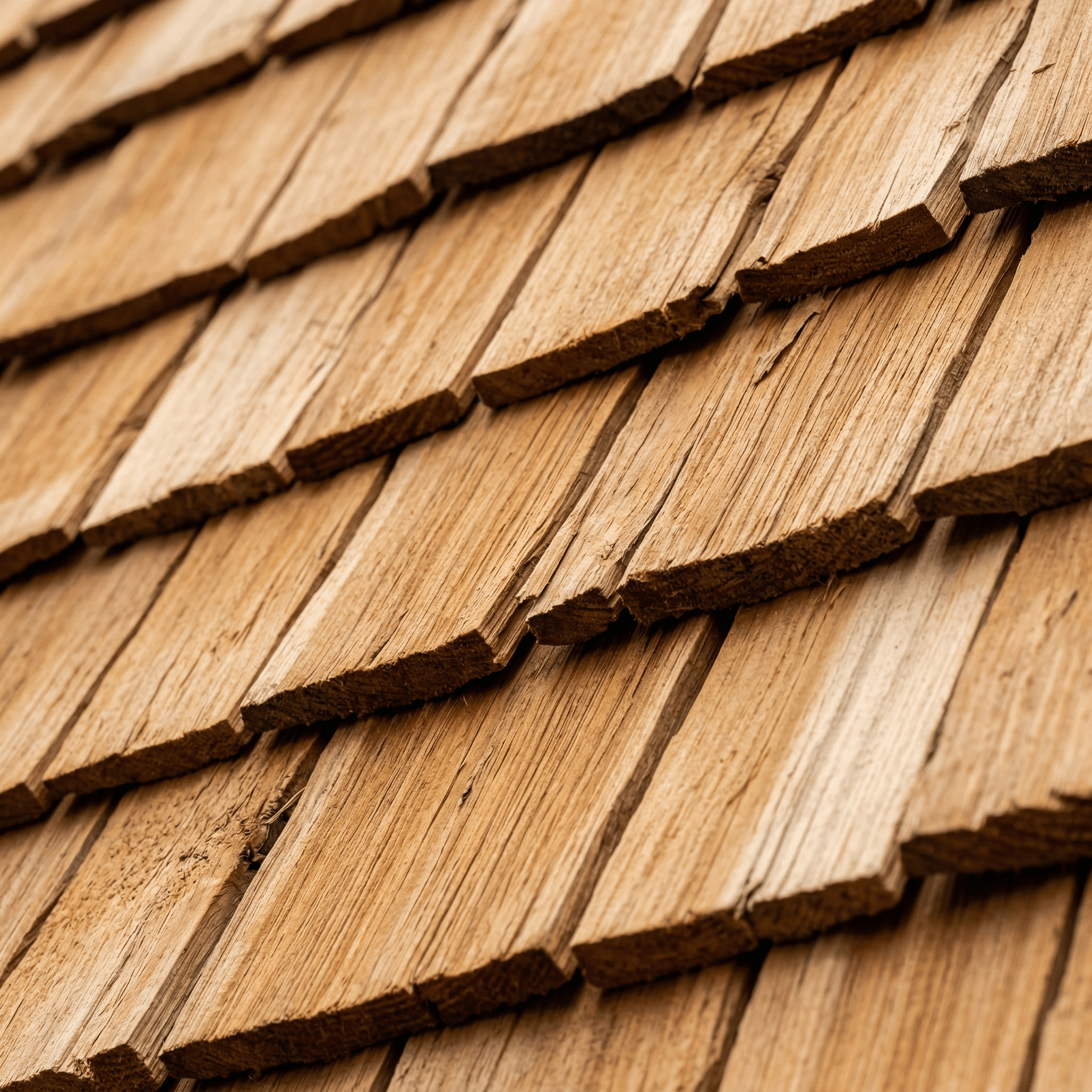 Hand-split cedar shake roof shingles close-up showing natural wood grain and texture
