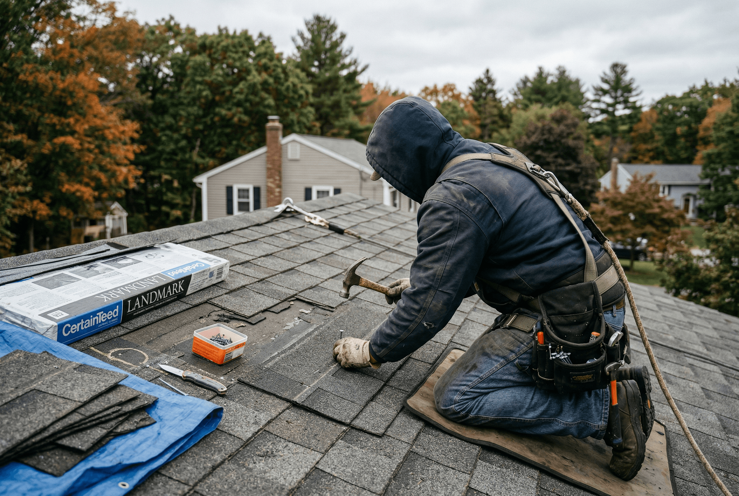 Roof repair work on damaged shingles of a Maine residential home