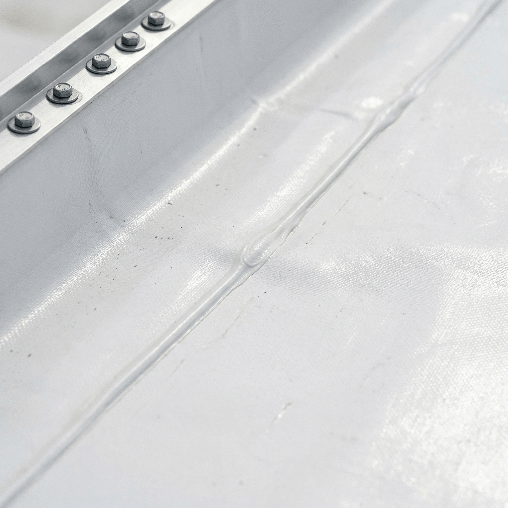 White TPO roofing membrane close-up showing heat-welded seam and reflective surface