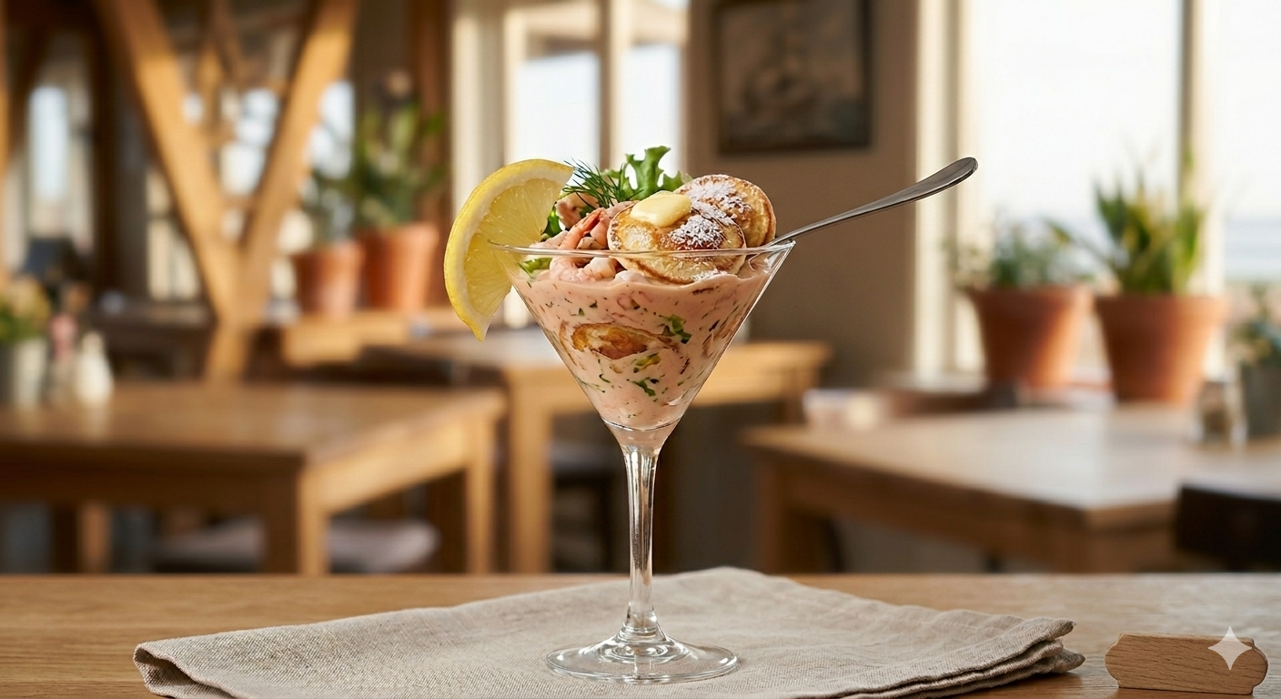 Garnalencocktail met poffertjes, geserveerd in een martiniglas een van de foute gerechten van de Paashaas van 't Schor
