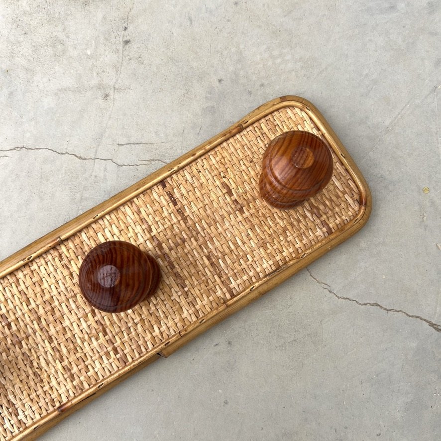 Wood and rattan vintage coat rack closeup