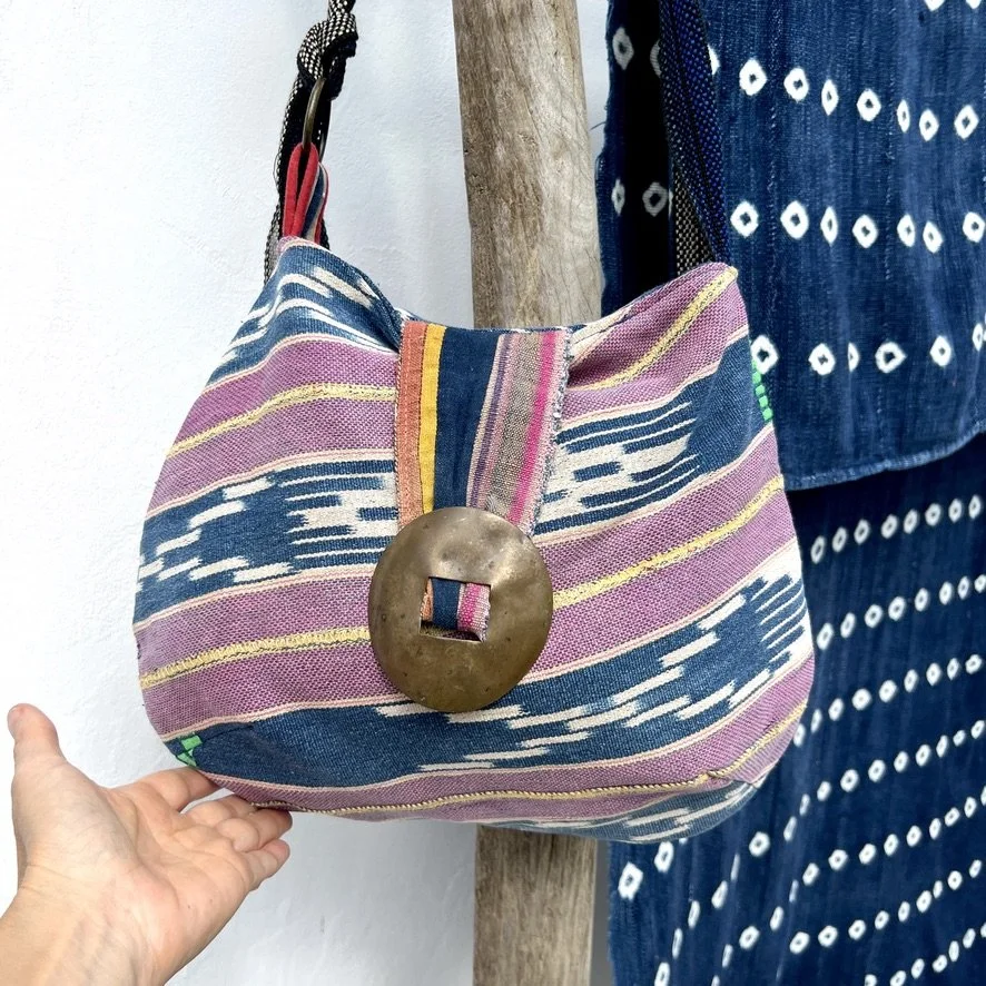 Reversible cross-body bag ethnic textiles with indigo textile