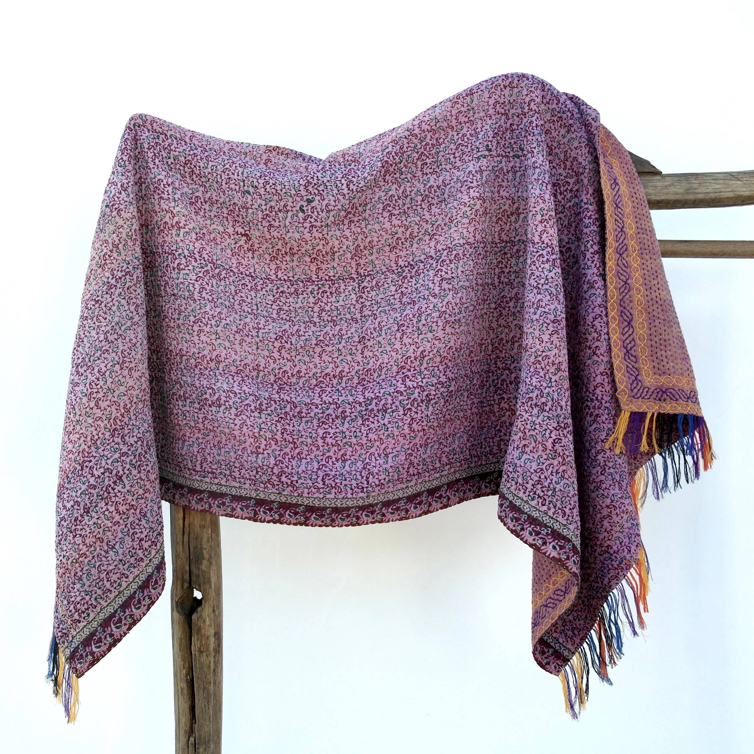 Kantha shawl Bangladesh pink reverse side on stand