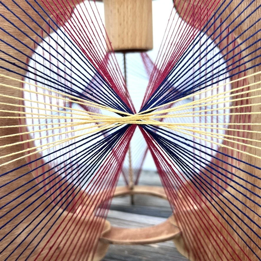 String lamp red blue yellow closeup