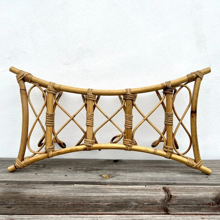 Vintage rattan coat rack standing back