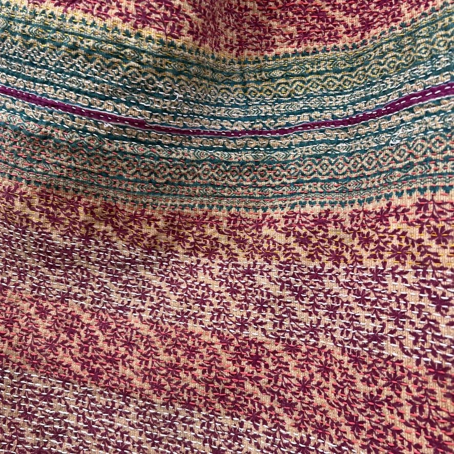Large Kantha blanket Bangladesh Fair Trade eggplant hand-embroidered closeup reverse
