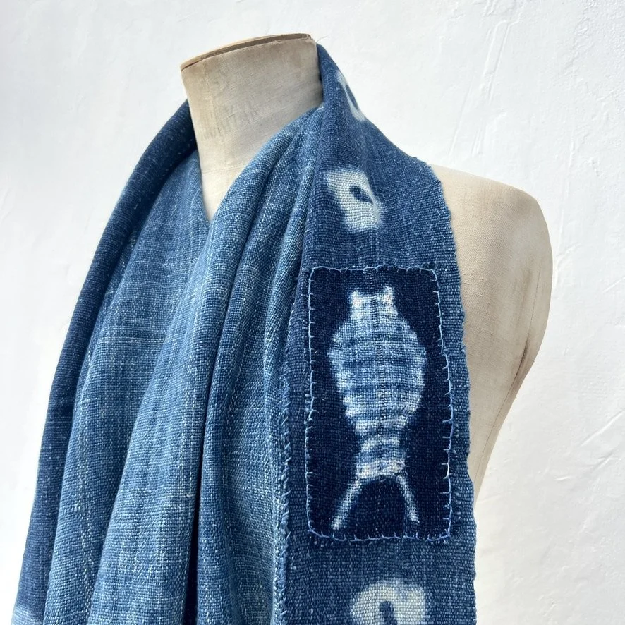 indigo scarf mali fish patch closeup