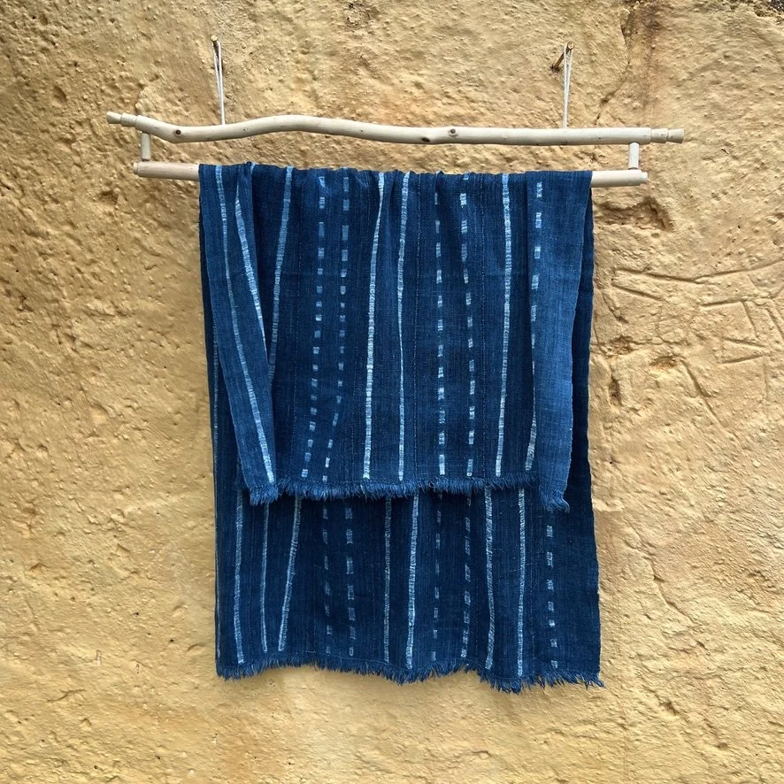 Vintage indigo cloth Mali resist-dyed dots and stripes