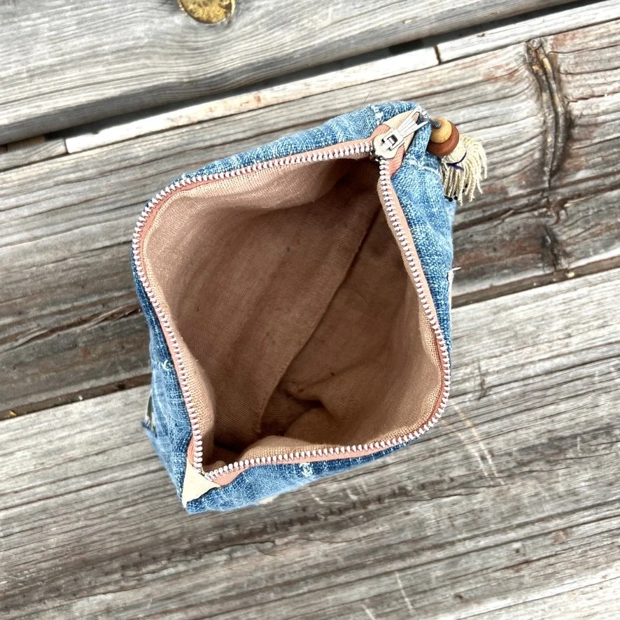 Indigo cloth pouch with patches inside