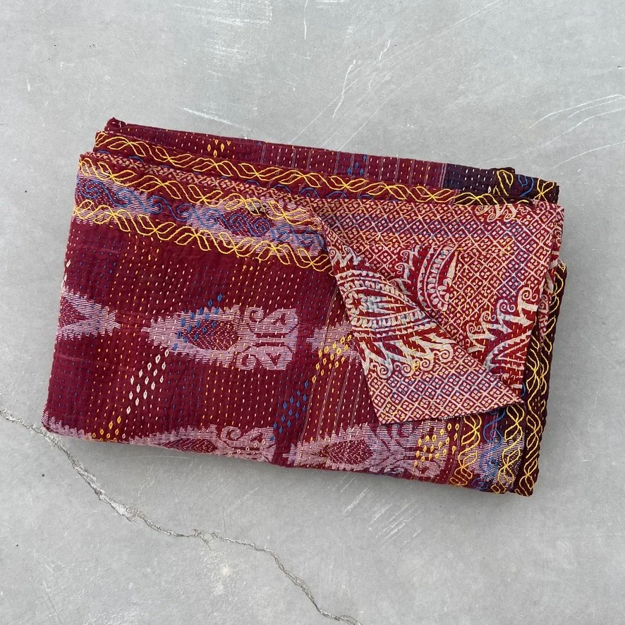 Large Kantha blanket Bangladesh Fair Trade burgundy hand-embroidered folded