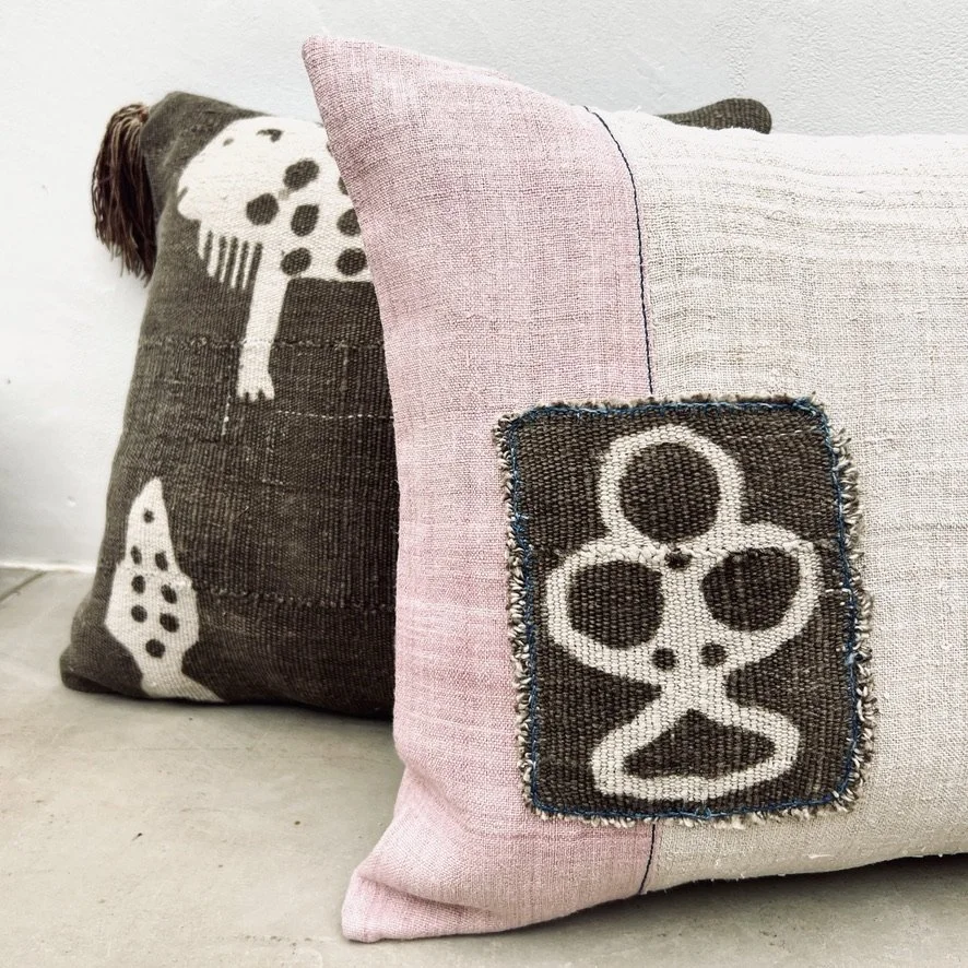 Mud cloth patchwork lumbar cushion cover closeup front