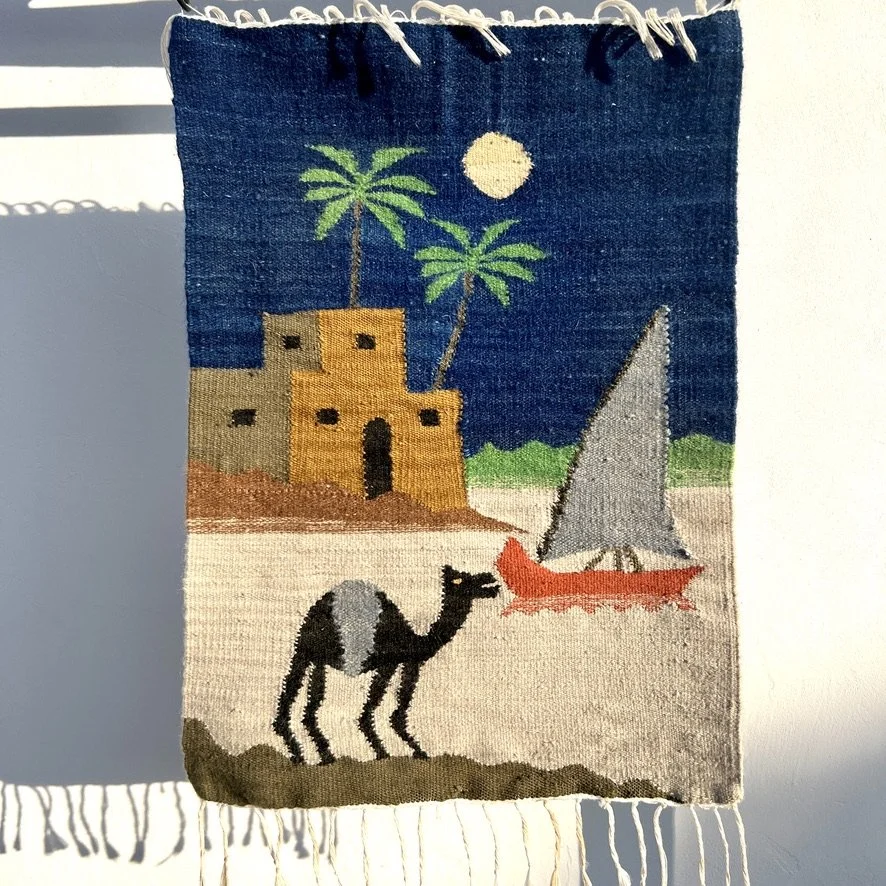 Egyptian wall tapestry with camel hanging