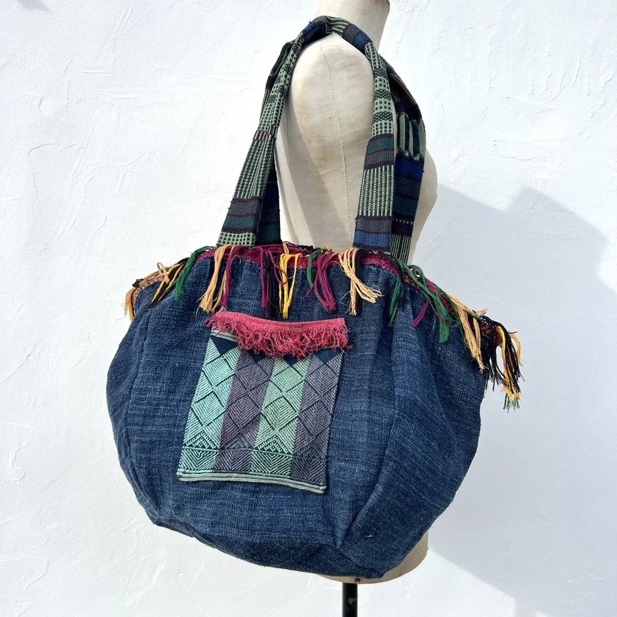 Reversible beach bag indigo hemp pocket 1