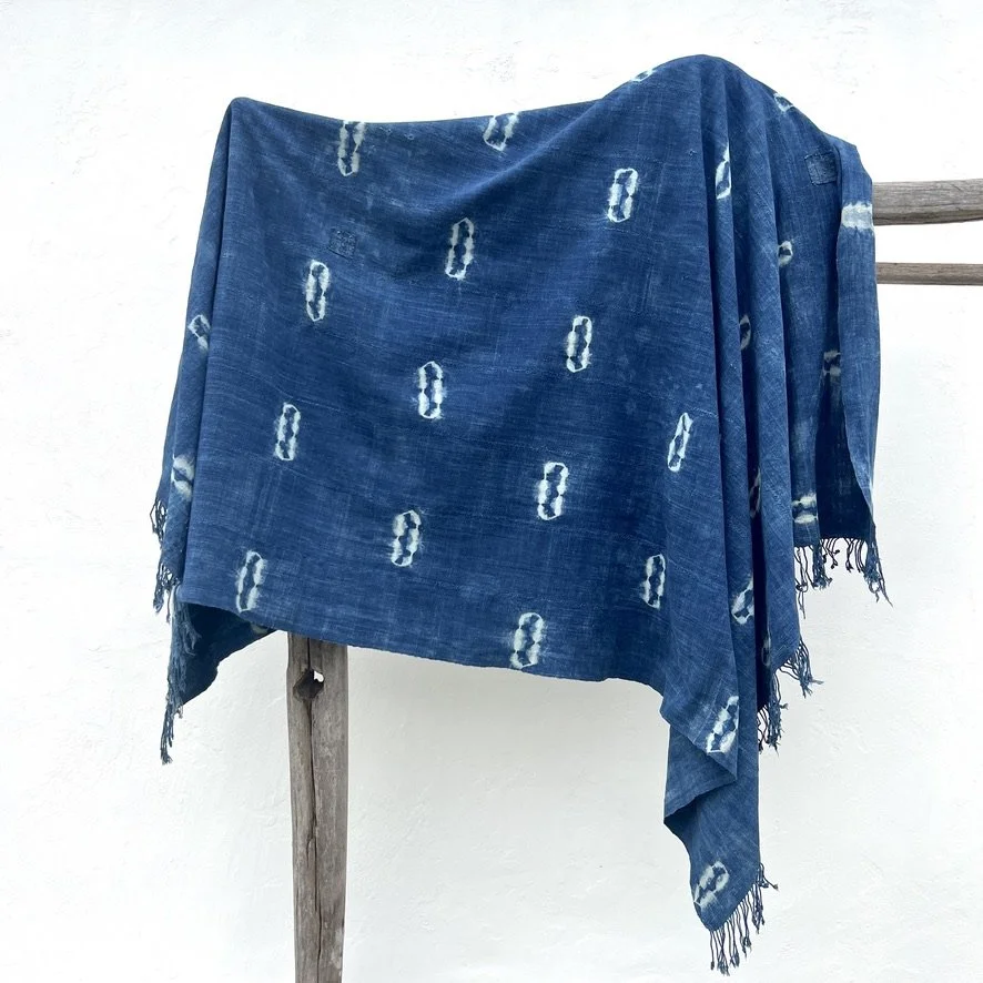 large indigo textile resist-dye with fringe main