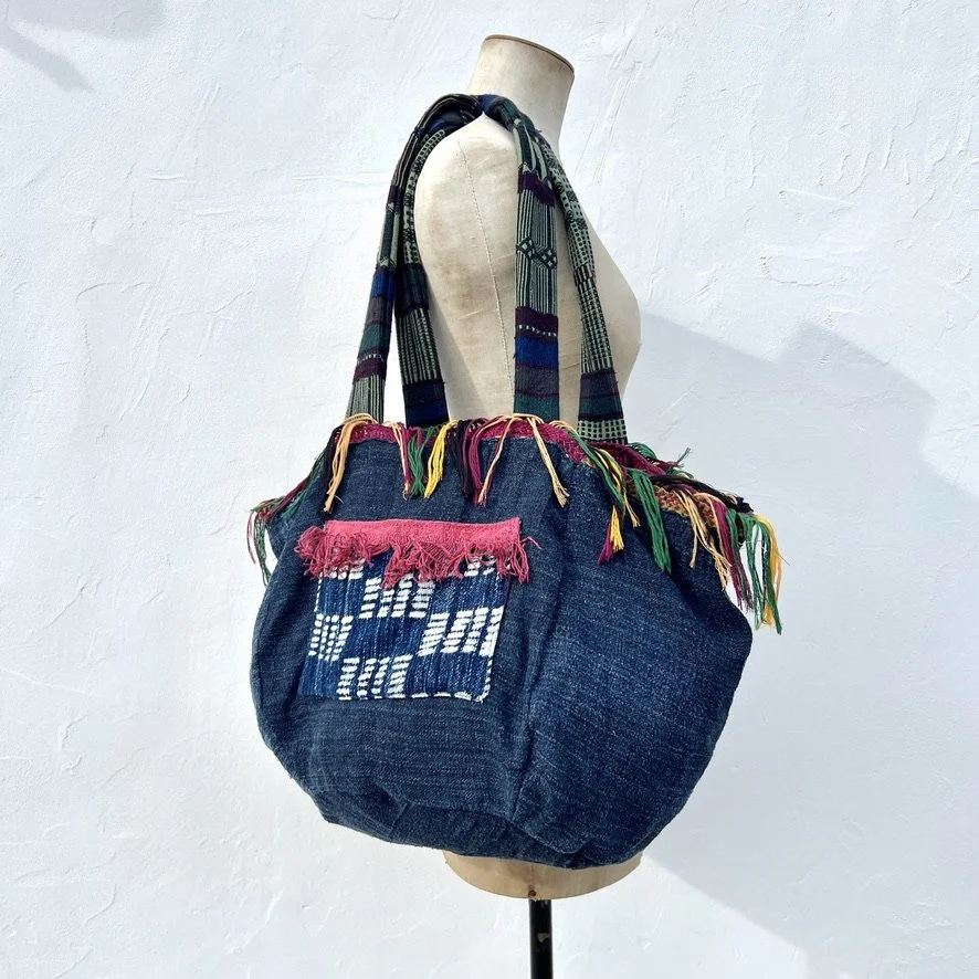 Reversible beach bag indigo hemp pocket 2