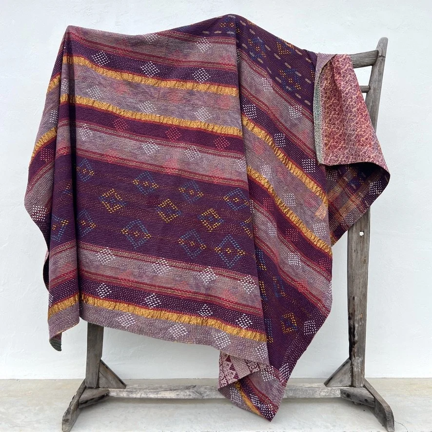 Large Kantha blanket Bangladesh Fair Trade eggplant hand-embroidered