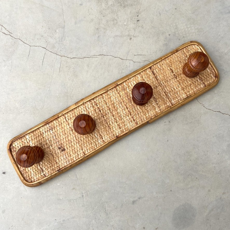 Wood and rattan vintage coat rack top