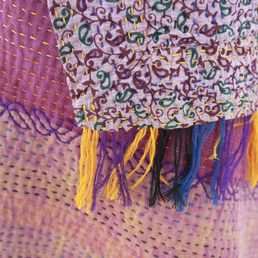 Kantha shawl Bangladesh pink closeup 1