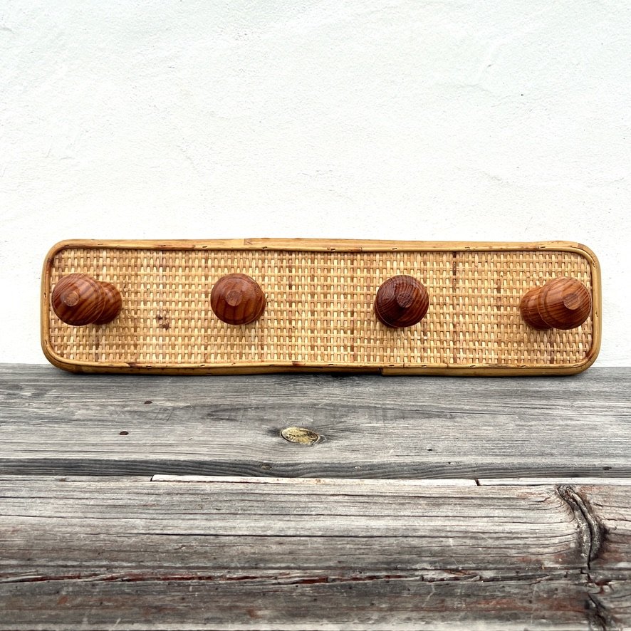Wood and rattan vintage coat rack front