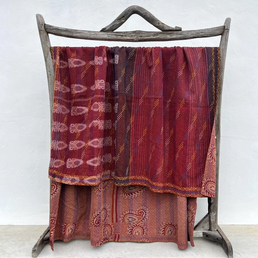 Large Kantha blanket Bangladesh Fair Trade burgundy hand-embroidered