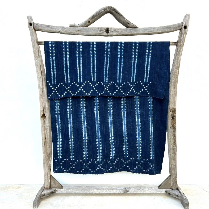 indigo cloth resisty dye mali on rack vertical