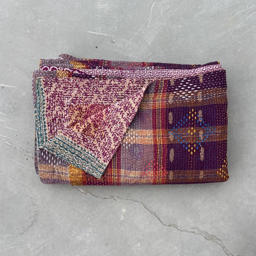 Large Kantha blanket Bangladesh Fair Trade eggplant hand-embroidered folded