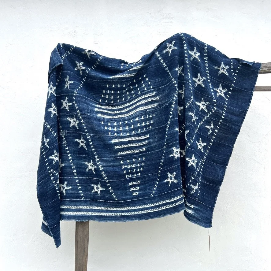Mali indigo cloth star resist-dye pattern hanging sideways