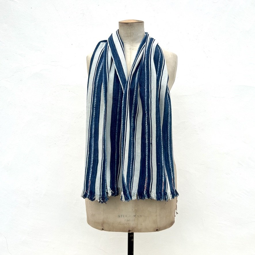 Striped Indigo Scarf with embroidered detail on model open