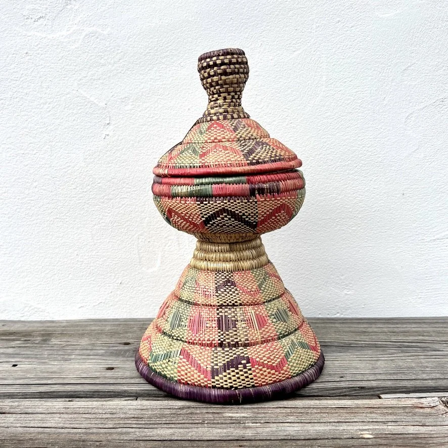 Vintage Ethiopian pedestal basket with lid main