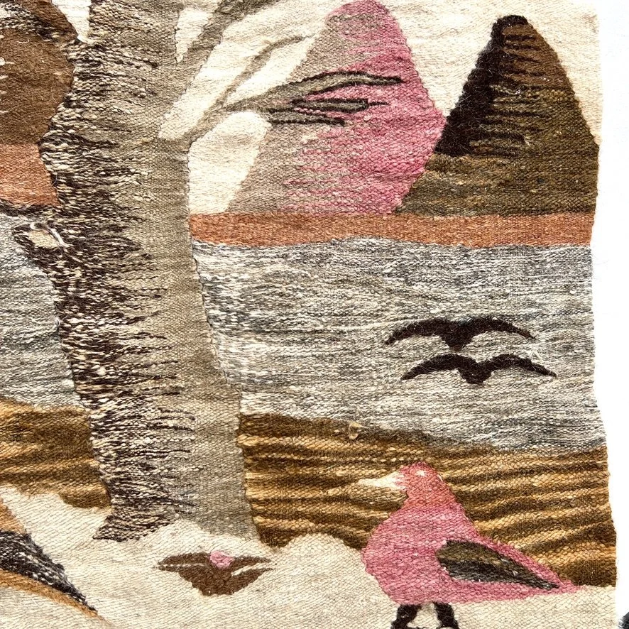 South American vintage bird and tree tapestry pink closeup mountains