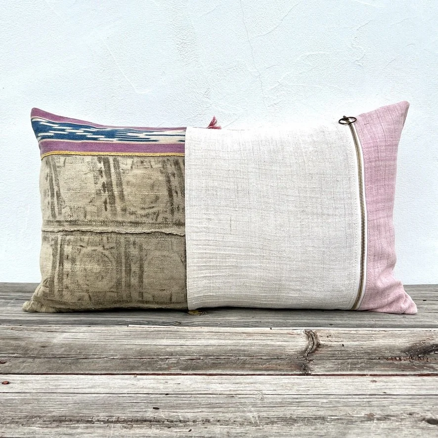 Mud cloth patchwork lumbar cushion cover backside