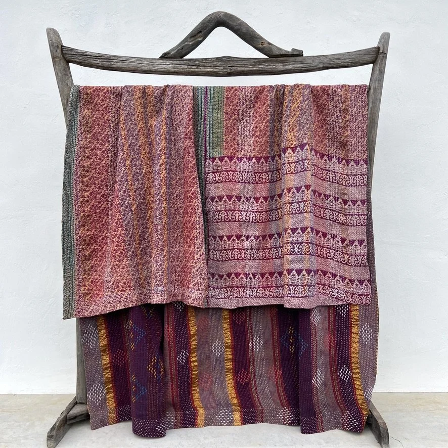 Large Kantha blanket Bangladesh Fair Trade eggplant hand-embroidered on stand reverse