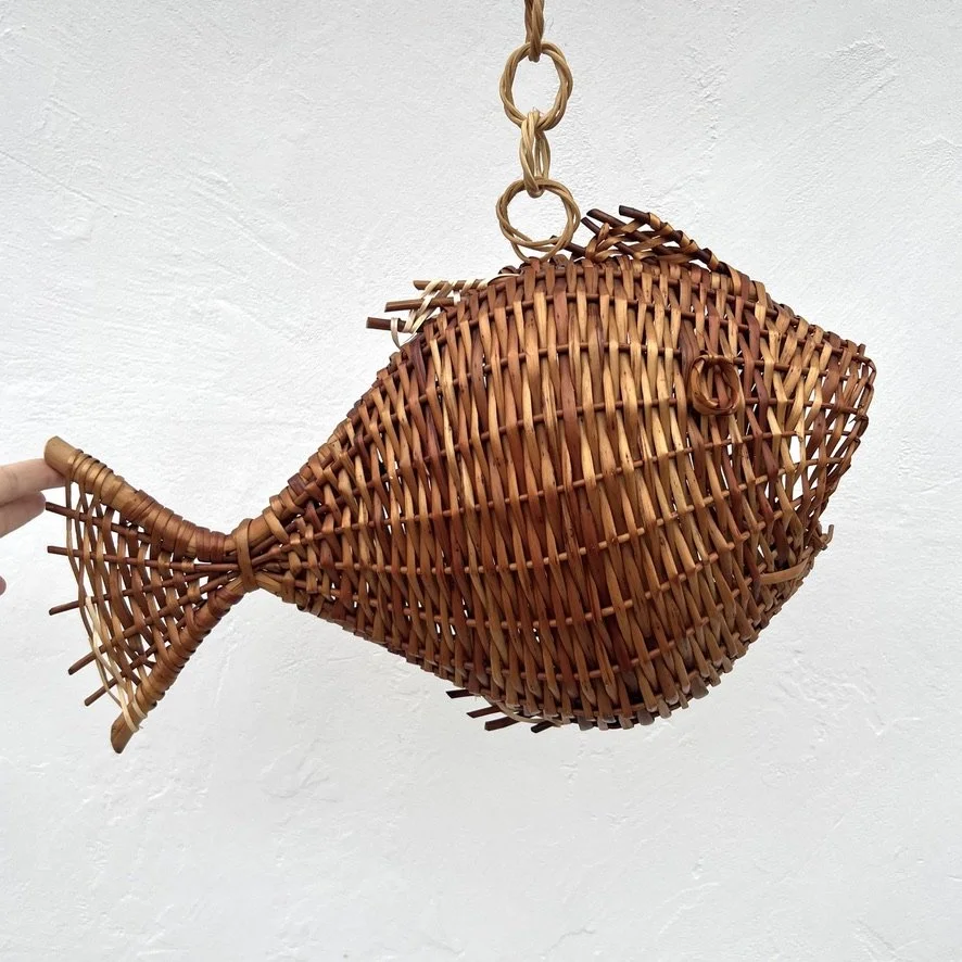 Vintage handwoven rattan fish pendant main