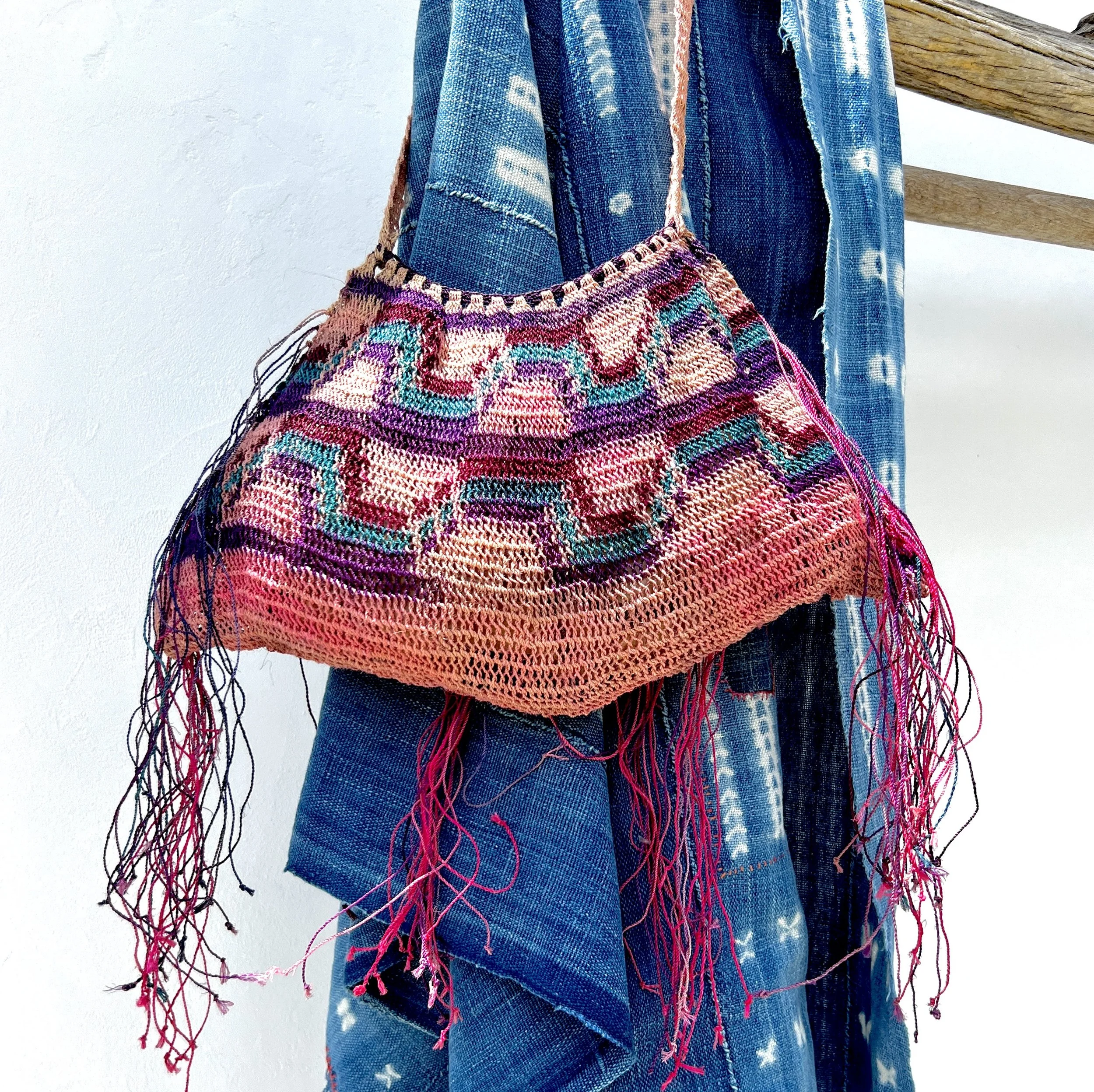 Pink Madang Bilum bag with fringe backside