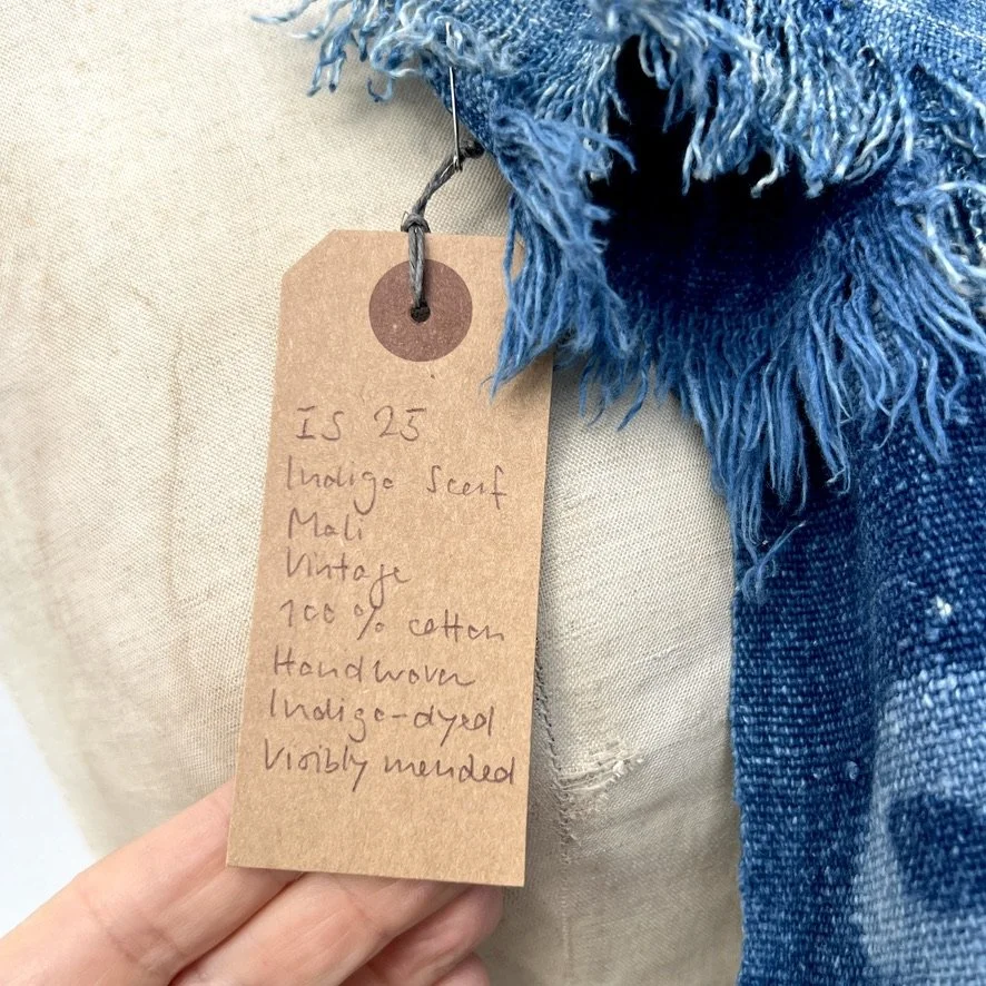 indigo scarf mali fish patch label