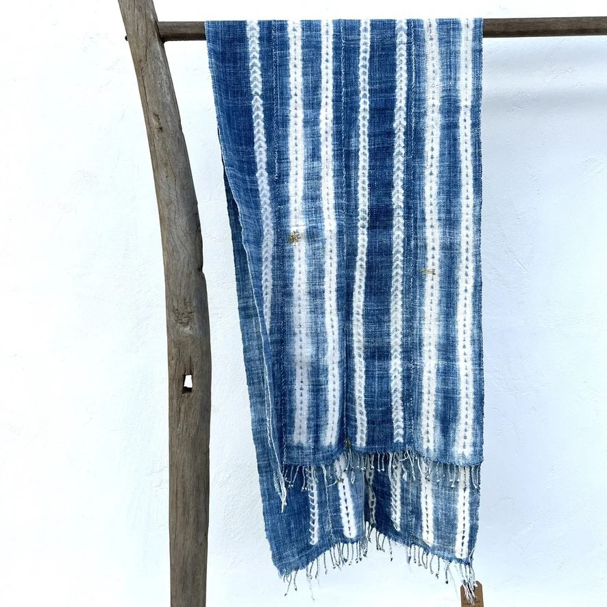 Vintage indigo scarf resist dye mustard thread hanging
