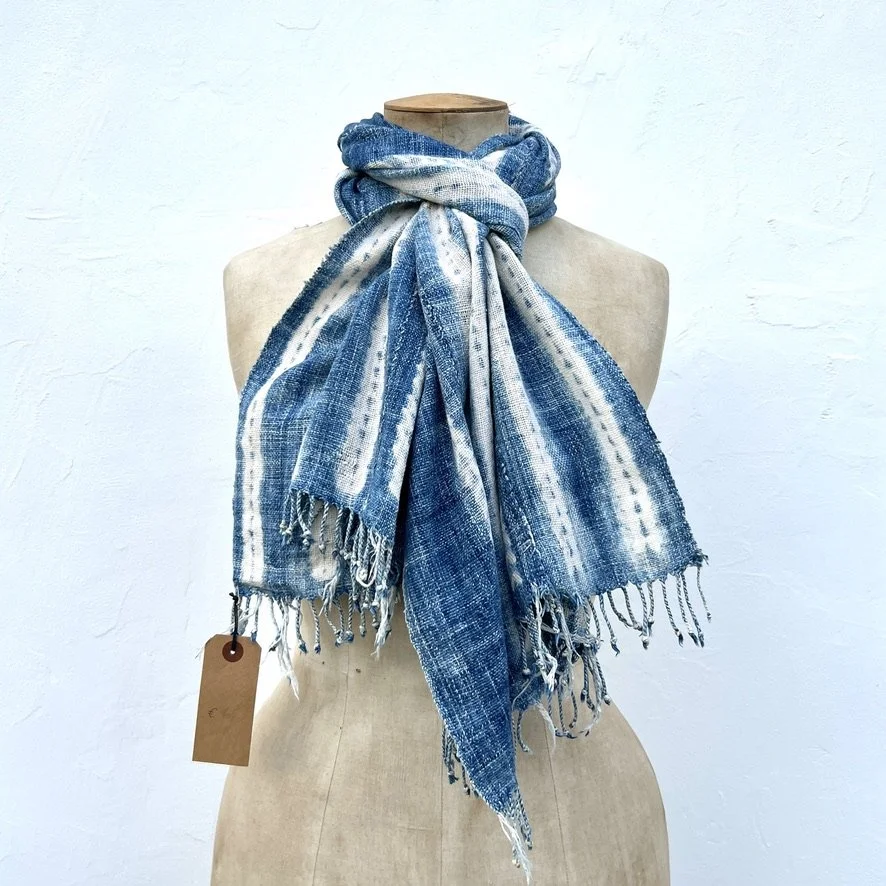 Vintage indigo scarf resist dye mustard thread