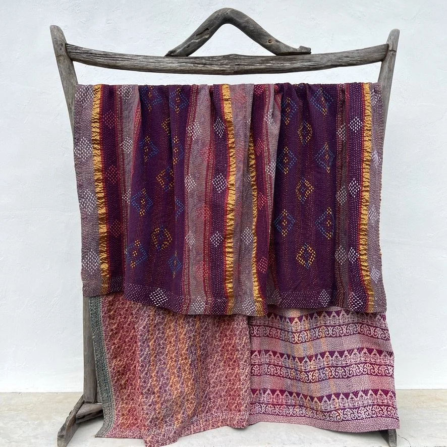 Large Kantha blanket Bangladesh Fair Trade eggplant hand-embroidered on stand