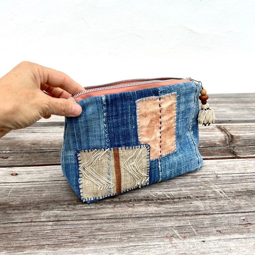 Indigo cloth pouch with patches main
