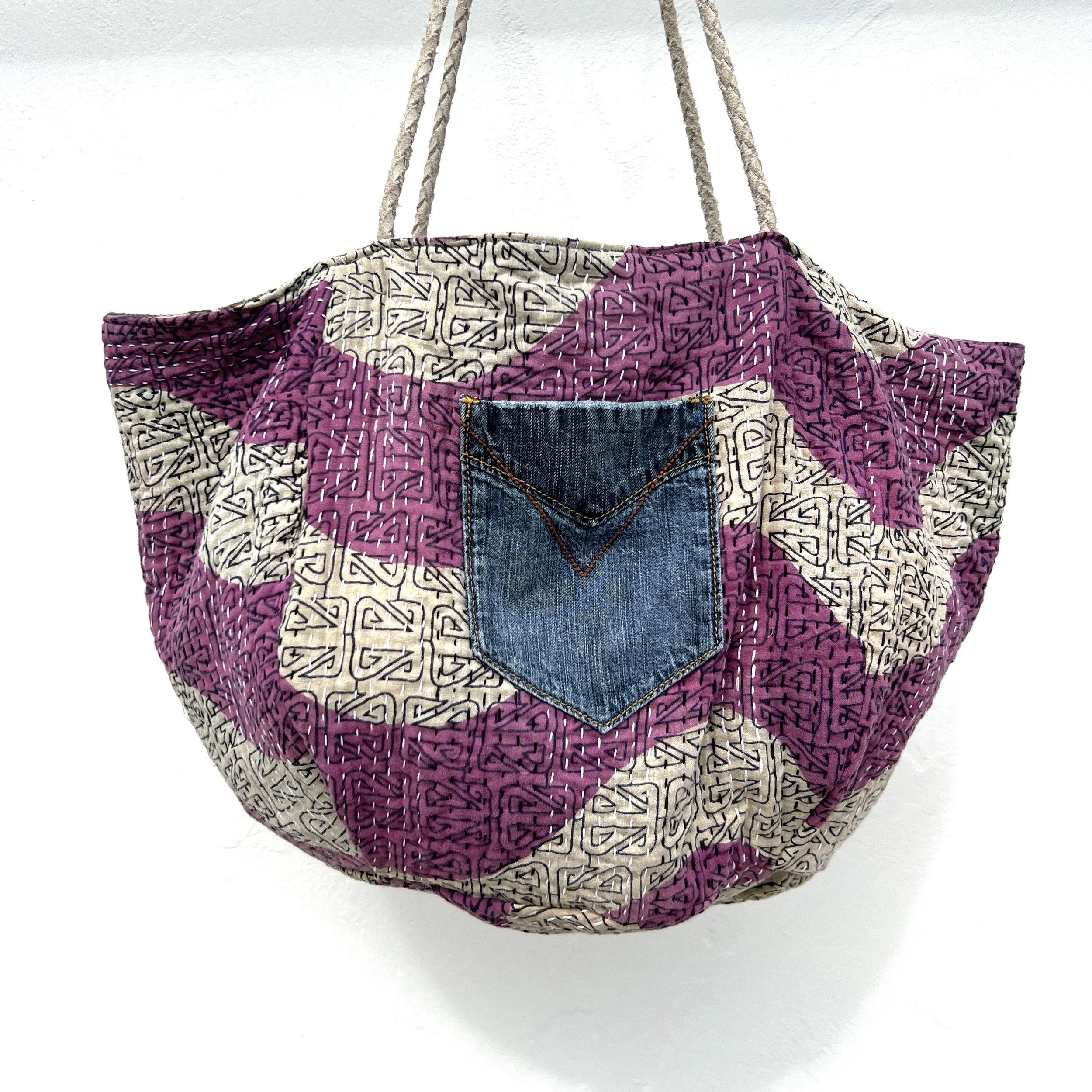 Reversible beach bag mud cloth Kantha side denim pocket