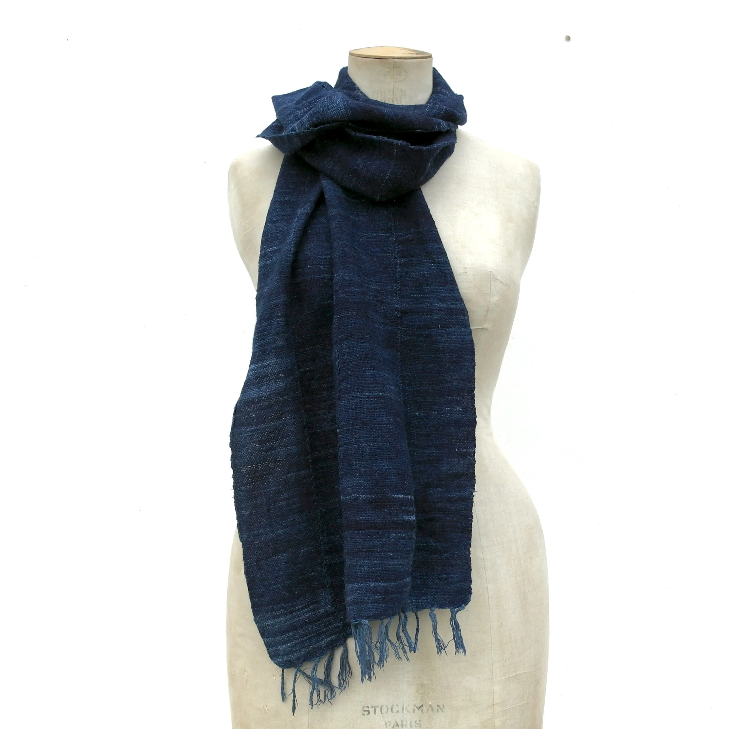 Slubby African indigo scarf on model 2