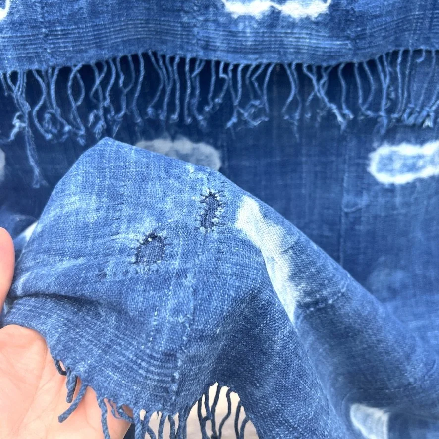 large indigo textile resist-dye with fringe closeup 1