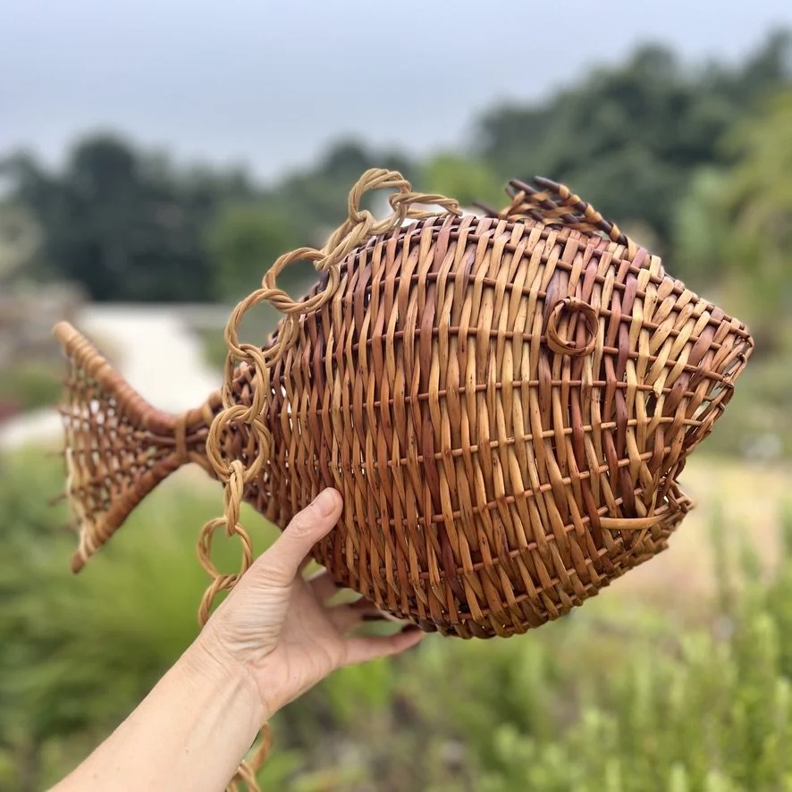 Vintage handwoven rattan fish pendant with hand